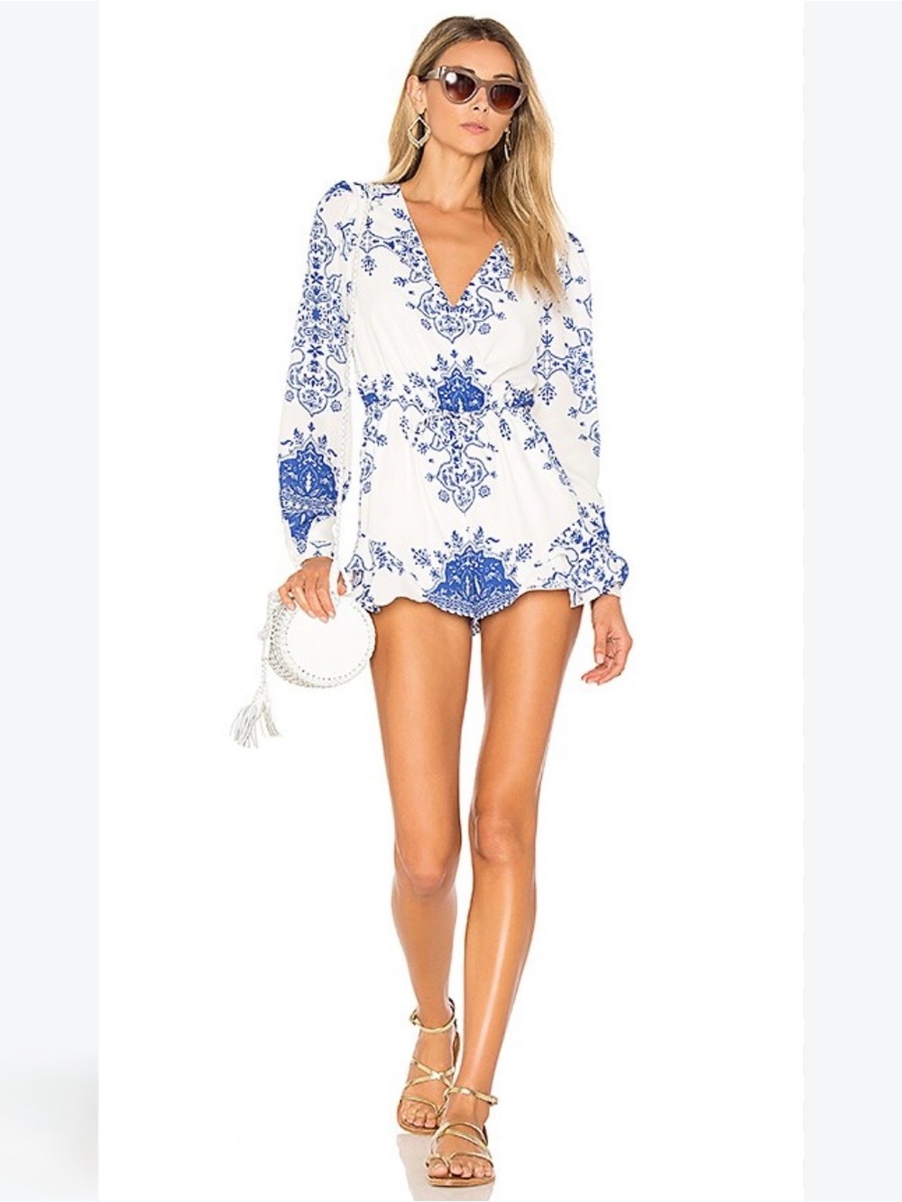 Lovers + Friends Blue White Paisley Floral Spring Blossom Long Sleeve Romper XS
